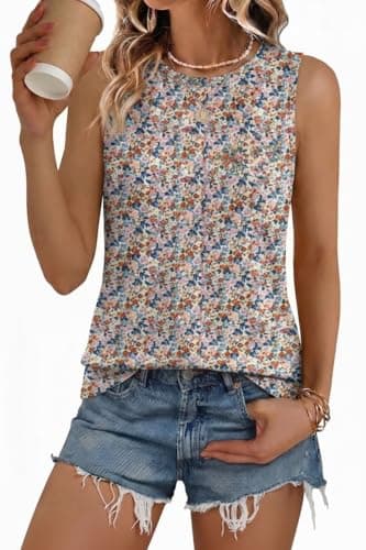 Image of Zeagoo Vests for Women Summer Sleeveless Tops Basic Tshirt Ladies Long Tank Loose Fit Curved Hem Rose Blue Print L