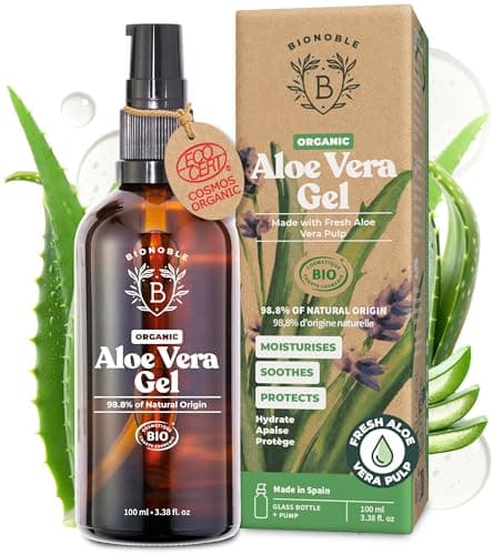 Image of BIONOBLE Organic Aloe Vera Gel 97% with Lavender Essential Oil - Moisturiser Face, Hair, After Sun - Aloe Vera Gel 100 Pure from Fresh Leaves - Fast Absorbing, Non Sticky - Glass Bottle, Pump - 100ml