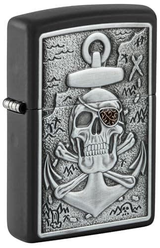 Image of Zippo Windproof Lighter, Emblem Skull with Anchor Design – Matt Black, Emblem – Refillable, Reusable, Windproof Design – Comes in Gift Box – Made in USA