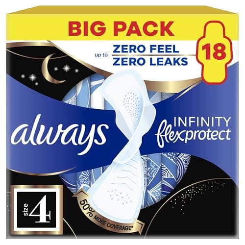 Image of Always Infinity FlexProtect Sanitary Towels Night Extra (Size 4) with Wings 18 Pads, Unscented, for Up to Zero Feel & Zero Leaks, Super-Absorbent & Flexible Protection