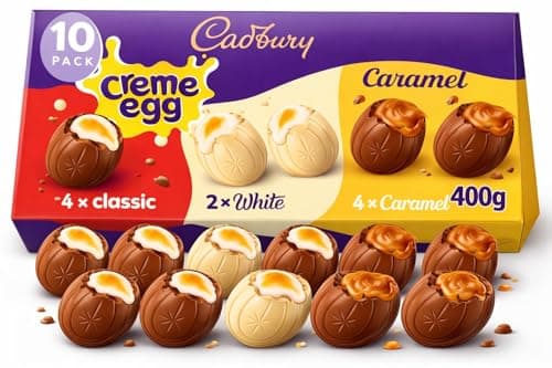 Image of Cadbury Crème Egg Easter Assortment 10 Pack, Includes 4 x Crème Eggs, 2 x White Chocolate & 4 x Caramel, Milk Chocolate Filled Creamy Filling Chocolate Creme Eggs Perfect For Eggs Hunt School