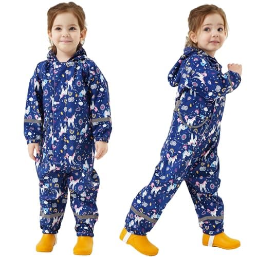 Image of Fewlby Puddle Suit Girls Rain Suit, Waterproof Suit Kids All in One Waterproof Overalls Rainsuit Blue Unicorn Muddy Suit One Piece Raincoat Hoodie Rainwear, 2-5 Years M Size