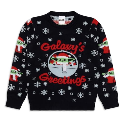 Image of Star Wars Mandalorian Christmas Jumper | Boys Xmas Jumper | Kids Grogu Acrylic Knitted Christmas Sweatshirt | Mandalorian Gifts for Boys (UK, Age, 9 Years, 10 Years, Regular) Blue