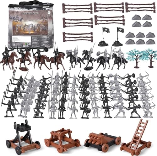 Image of kramow Medieval Knight Toy Soldiers Set 110 PCS, Ancient Cavalry Army Men with Horses, Siege Weapons, Fences and Rocks, Educational War Scene Playset for Kids 3+