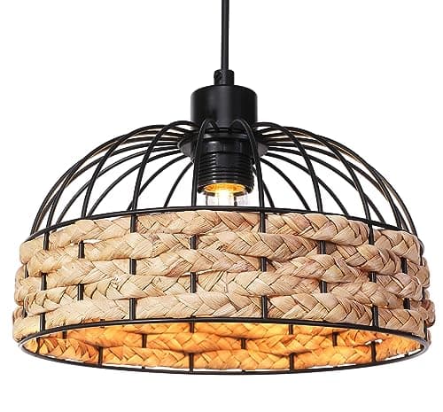 Image of GIGGI Small Metal & Rope Light Shade, Retro Black Light Shade with Jute Rope Lamp Shades Ceiling, Rattan Lampshade, Pendant Lampshades for Ceiling Lights, Living Rooms, Kitchen, Bedroom, Hallways