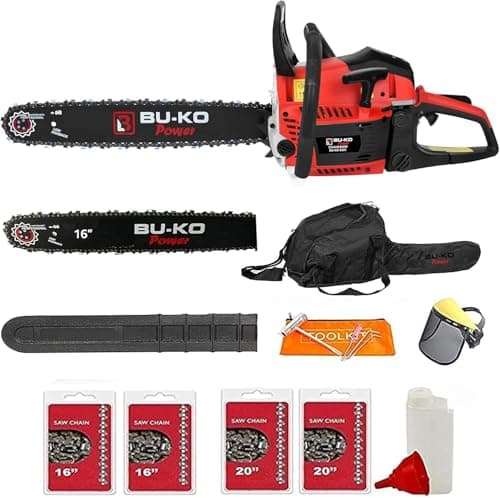 Image of BU-KO 65cc Petrol Chainsaw, 3.89HP Engine, 20 Inch and 16 Inch Chain Bar with 2 Chains, Top Handle Chain Saw, Carry Bag, Safety Gear, for Firewood Tree Cutting