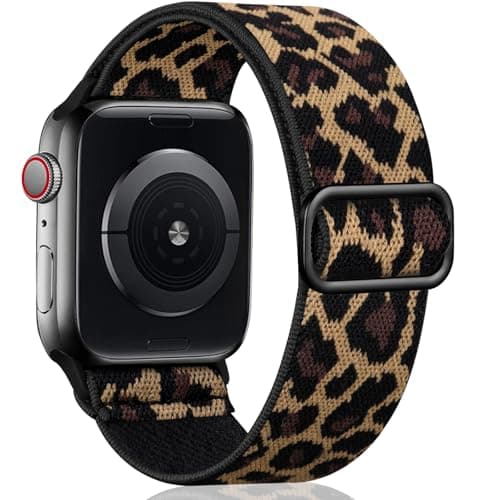 Image of Oielai Solo Loop Straps Compatible with Apple Watch Strap 38mm 40mm 41mm 42mm, Adjustable Stretch Nylon Sport Replacement Band for iWatch Series 11 10 9 8 7 6 5 4 3 2 1 SE, Leopard