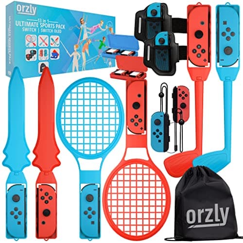 Image of Orzly Switch Sports Games 2024 Accessories Bundle Pack for Nintendo Switch & Switch OLED with Tennis Rackets, Golf Clubs, Chambara Swords, Soccer Leg Straps & Joycon Grips - With Carry Bag