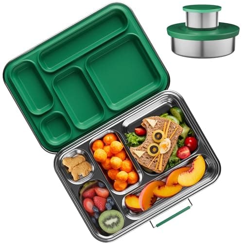 Image of AOHEA Stainless Steel Bento Box Kids, Kids Metal Bento Lunch Box BPA Free Lunch Box Containers 304 Stainless Steel Bento Box for School and Office(Green)