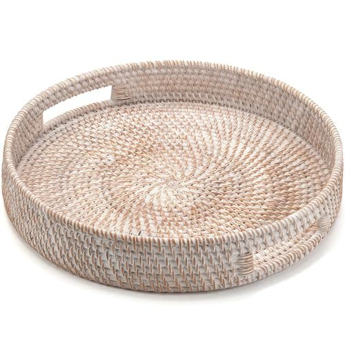 Image of 34 cm Round Rattan Tray, Hand Woven Serving Basket with Handles, Wicker Decorative Tray for Home Decor, Whitewash