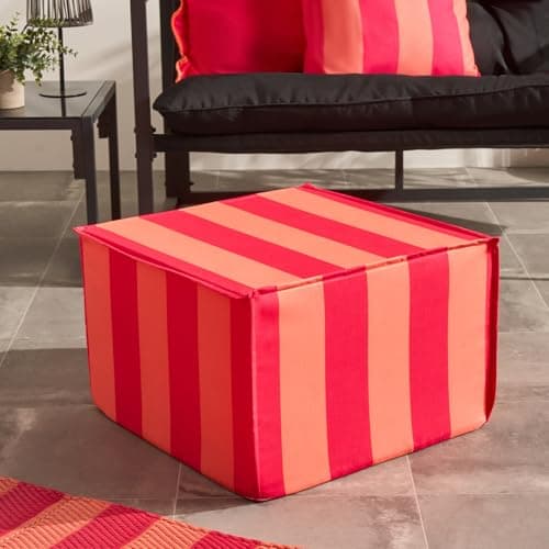 Image of OHS Stripe Garden Pouffe Outdoor Indoor Foot Stool, Garden Furniture Portable Filled Cube Chair Pouffe Footstool Outdoor Ottoman Foot Rest for Patio Balcony Home Decor, Pink/Orange