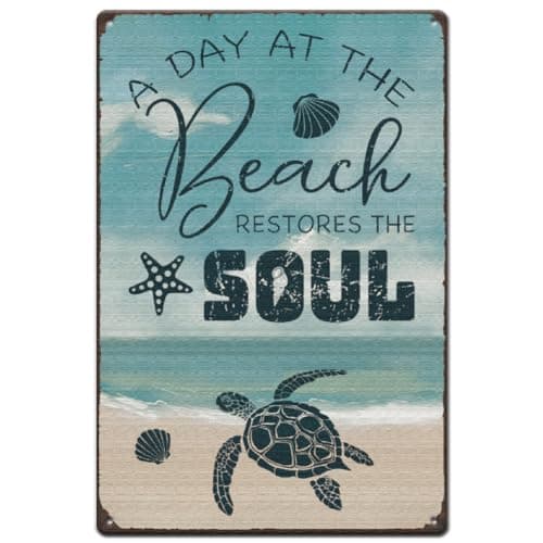 Image of SUPERDANT A Day at the Beach Metal Signs Beach Turtle Tin Signs Restores the Soul Quotes Signs Funny Signs and Plaque Metal Wall Art for Bars Cafe Pubs Restroom Living Room Bedroom 20x30cm