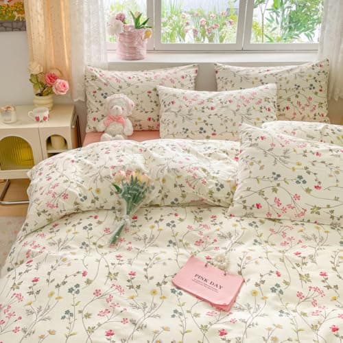 Image of Covebett Cotton Duvet Cover King Size White Pink Colourful Floral Flower Bedding Set 3 pcs, Aesthetic Botanical Quilt Cover 220x230 cm Zipper Closure and 2 Pillowcases 50x75