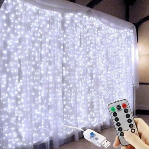 Image of FANSIR Curtain Fairy Lights, 3m×3m 300LED Fairy Lights with 8 Modes Remote Control Timer Adjustable Brightness Waterproof Curtain Light Plug in for Bedroom Garden Party Wedding Christmas (Cool White)