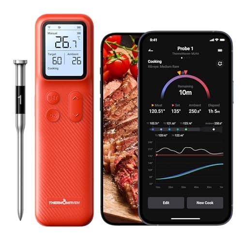 Image of ThermoMaven Bluetooth Wireless Meat Thermometer - 1 Probe IPX8 Waterproof 6 Sensors, 152m Bluetooth 5.3, Stable WiFi Unlimited Range, Smart Standalone Base for BBQ Grill Oven Smoker Air Fryer Kitchen