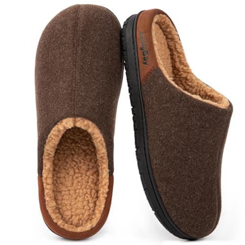 Image of LongBay Men's Wool-Like Slippers Memory Foam House Shoes with Warm Sherpa Lining for Indoor Outdoor Winter Coffee Size 9