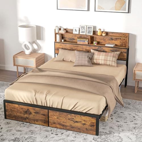 Image of HOMCOM Industrial King Bed Frame, 5.2FT Steel Bed Base with Storage Headboard, Footboard, Slatted Support and Under Bed Storage, 158 x 222cm, Rustic Brown