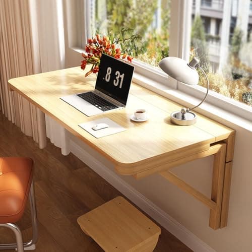 Image of CHZIMADE Wall Mounted Table Folding Floating Desk Solid Wood Drop-Leaf Laptop Desk Hanging Table for Study Work with Brackets