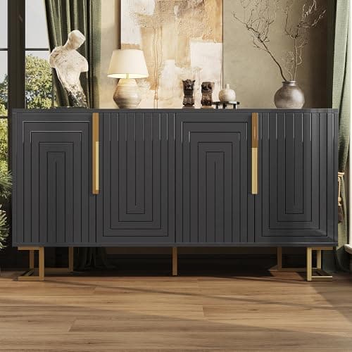 Image of BTM Modern Sideboard for Living Room Storage Side Board Cabinet with Golden Handles and Feet, Black 152 x 40 x 75 cm