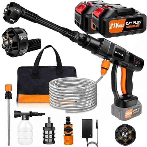 Image of Electric High Pressure Washer 6000W 350 bar Surface Cleaner Steam Cleaner 5000 PSI, 6-in-1 Adjustable Nozzle and 5 m Hose for Cleaning and Watering (With 2 Pieces 3.0 Ah Batteries)