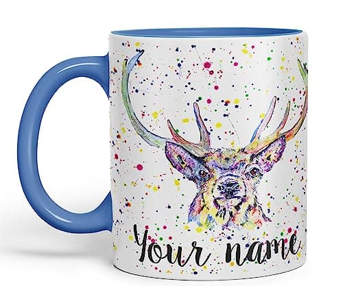 Image of Vixar Personalised with Your Text Stag Deer Wildlife Animals Watercolour Art Coloured Ceramic Mug Cup Gift 330ml 11oz Custom Work Office Tea Coffee (O2) (C Blue)