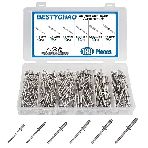 Image of BESTYCHAO 180Pcs Blind Rivets Kit, Stainless Steel Pop Rivets 6 Sizes Rivet Assortment Kit 3.2mm 4mm 4.8mm