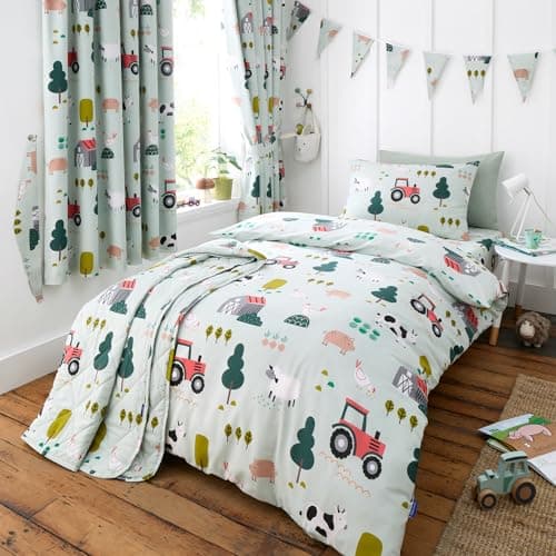 Image of Happy Linen Company Girls Boys Kids Barn Yard Farm Green Toddler Cot Bed Reversible Soft Easy Care Bed Linen Duvet Cover Quilt Bedding Set With Pillow Case