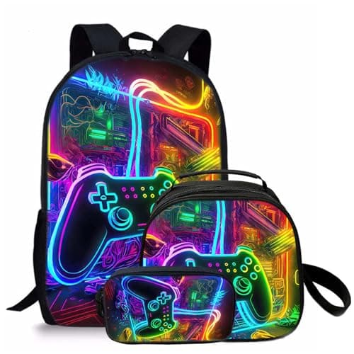 Image of Joalpysm 3-Piece Gaming Backpack, Backpack Set with Controller Print, Cool Black Gaming Daypack & Crossbody Bag, Large Capacity School Bag Waterproof Laptop Backpack for Students & Gamers (C)