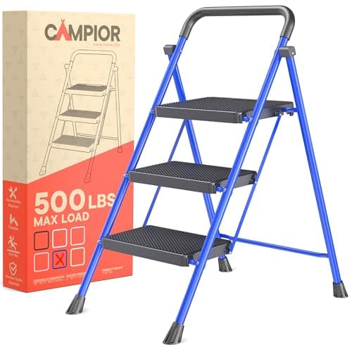 Image of Blue 3 Step Stool Foldable – Heavy-Duty Foldable Step Stool for Adults, 500 lbs Capacity, Anti-Slip Feet & Wide Steps, Sturdy Steel Frame, Lightweight & Space-Saving Design for Home, Kitchen & Garage