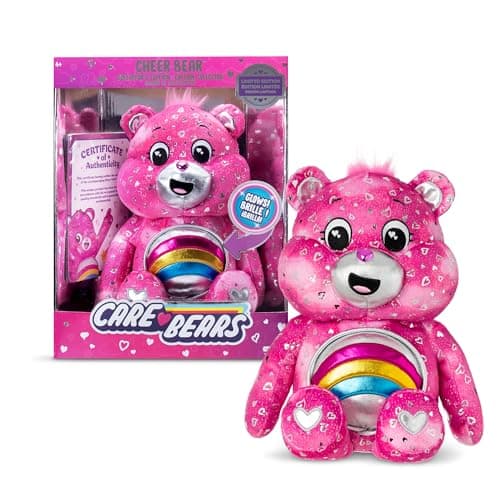 Image of Basic Fun Care Bears Cheer Bear Collector Edition: 35cm Care Bears Plush Toy with Light-Up Shiny Belly Badge, Heart-Patterned Fur, Perfect for Collectors & Snuggles : Amazon.co.uk: Toys & Games
