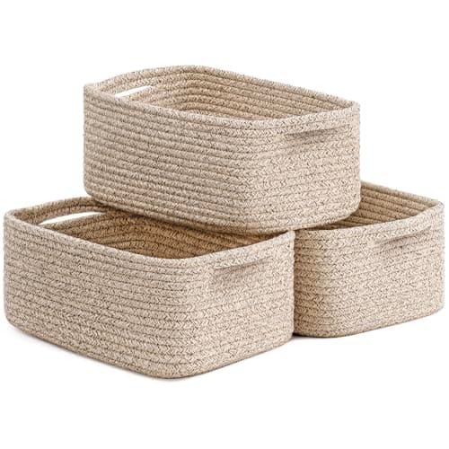 Image of Storage Baskets, Small Basket for Gifts, Baskets for Shelves, Rope Basket for Organizing for Towels, Toy Storage 3 Pack, White & Brown, 28 x 18 x 11 cm