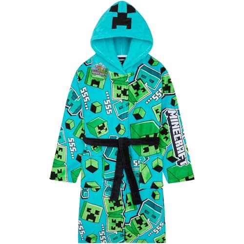 Image of Get Trend Minecraft Dressing Gown Boys & Teens, Fleece Hooded Bathrobe, Creeper Loungewear Nightwear, Gamer Gifts for Boys (11-12 Years, Blue Minecraft)