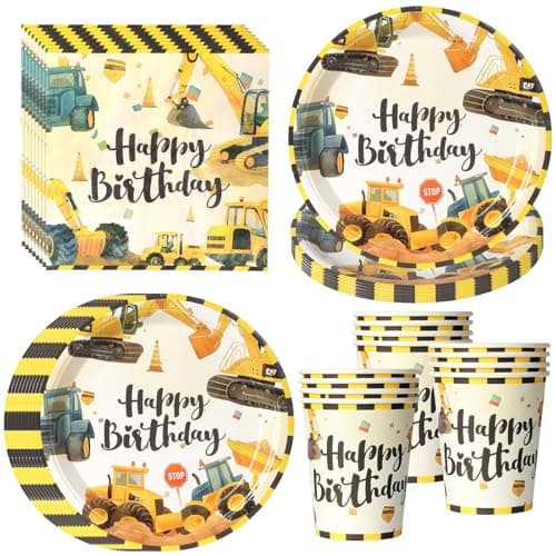 Image of PYAILI 52 Pcs Construction Site Party Tableware: Construction-Themed Party Plates, Birthday Tableware, Excavator Paper Plates, Cups, Napkins for Kids' Birthday Decor – 16 Guests