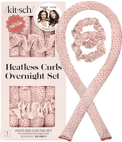 Image of Kitsch Satin Heatless Curlers Set – Heatless Curls Overnight with 34" Hair Curler & 2 Satin Scrunchies, Comfortable No Heat Hair Curlers to Sleep In for Frizz-Free & Non-Damage Styling - Micro Dot