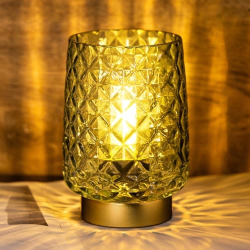 Image of MJ PREMIER Battery Operated Lamp, Cordless LED Table Lamp with Timer, Green Glass Table lamp, Decorative Lantern Lights Decor for Patio/Home/Hallway/Deck/Spareroom/Bedroom/Tabletop/Fireplace