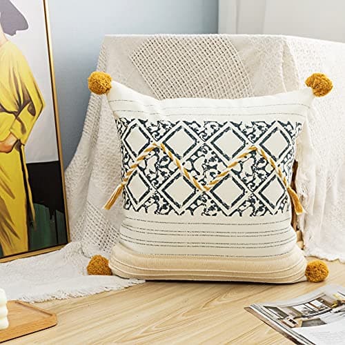 Image of LIGICKY Boho Throw Pillow Covers with Pom-poms Tribal Woven Accent Decorative Pillowcase Printed Cushion Cover for Couch Sofa Bed Living Room, 45 x 45 cm