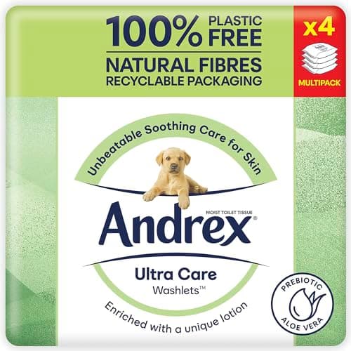 Image of Andrex Ultra Care Washlets - Soothing Care For Skin - Wet Wipes Contain Aloe Vera and Probiotics - Flushable, Plastic Free & Biodegradable, Pack of 4
