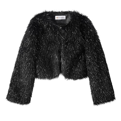 Image of Bolerose Girls Cosy Faux Fur Childrens Kids Bolero Shrug Jacket Coat (Black Sparkle, 9-10 Years)
