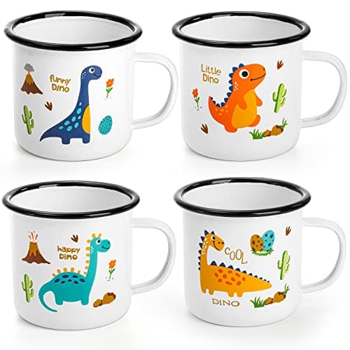 Image of Suwimut Set of 4 Enamel Camping Mug, 16 Ounce Metal Enamel Coffee Tea Cups with Handle for Outdoor Camping Hiking Backpacking Women Men Gift, 2-Sided Unique Graphic Design Portable Travel Mugs