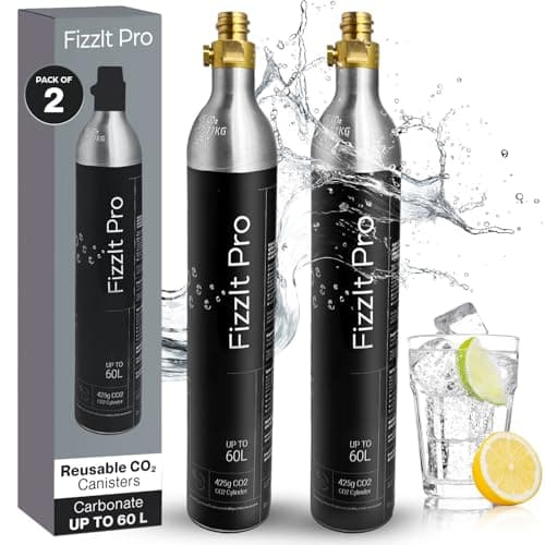 Image of FizzIt Pro 425g CO2 Cylinders, Carbonates Up to 120L, Refillable Soda Makers, Fits Most Screw-Type Compatible Models, Efficient Carbonation for Water & Beverages, Compact & Cost-Effective (Pack of 2)