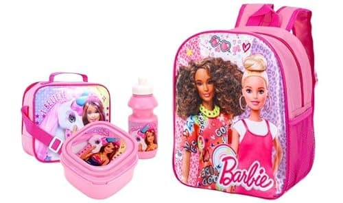Image of Top Linen (NW) Ltd Kids 4-Piece Character School Set – Standard Backpack, Lunch Bag, Water Bottle & Sandwich Box | Fun, Durable & Ready for School Adventures (Barbie & Christie)
