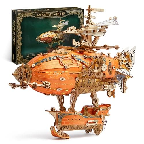 Image of FUNPOLA LED 3D Wood Puzzle Fantasy Airship Model - Steampunk DIY Craft Kit with LED Lights – Intricate Wooden Airship Model Building Set for Teens and Adults (Orange)