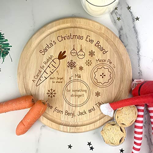 Image of eBuyGB Personalised Santa's Christmas Eve Board, Mince Pie for Father Xmas, Carrot for Rudolph Reindeer, Wooden Treat Plate Snack Tray