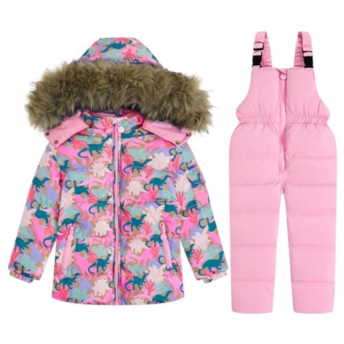 Image of Girls Snowsuit Set Ski Suits, 2-Piece Winter Puffer Down Jacket and Snow Bib Pants Ultralight Outfits Set Rose 3-4 Years