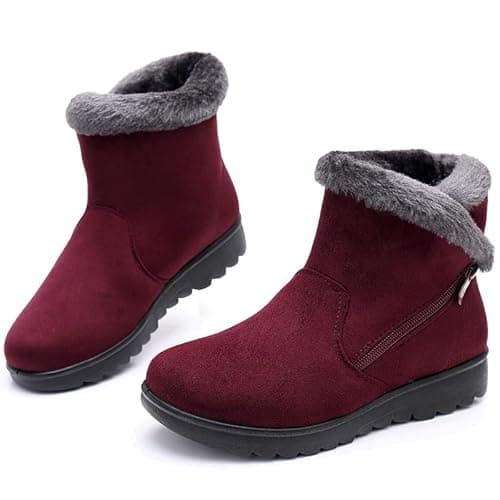 Image of Maxome Snow Boots Womens Winter Boots Fur Lined Women Walking Boots Lightweight Anti-Slip Ankle Boots Side Zipper Outdoor for Ladies Girls Warm Booties Red