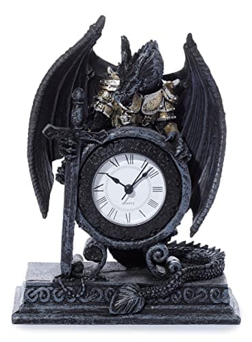 Image of Puckator Dragon In Armour Gothic Mantle Clock - Ideal For Bedside, Desk - Detailed Fantasy Quartz Clock - Resin - 20 Cm Tall - 1 AA Battery Not Included