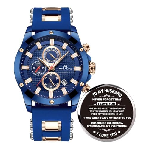 Image of MEGALITH Chronograph Wrist Watches Mens: Blue Large Face Analogue - Watch Men Stylish Waterproof Rubber with Date Luminous - Gift for Husband