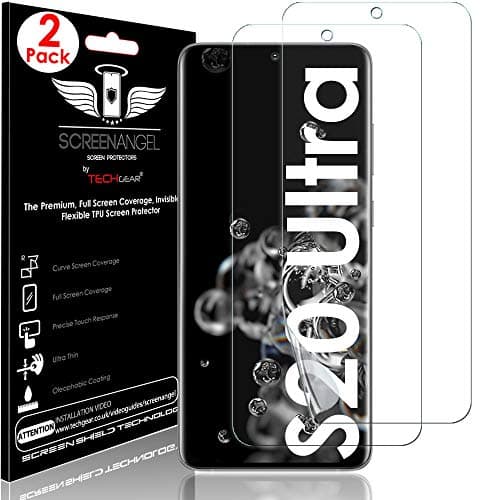 Image of TECHGEAR [2 Pack Screen Protector fits Samsung Galaxy S20 Ultra [Screen Angel Edition] [In-Display Fingerprint Support][Case Friendly] [Bubble Free] [FULL Screen Coverage] HD Clear Flexible TPU Film