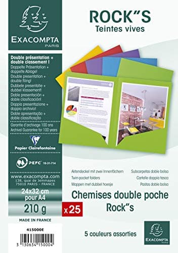 Image of Exacompta - Ref 415000E - Rocks Collection - Double Pocket Folders - 240 x 320mm in Size, Suitable for A4 Documents, 210gsm Material - Assorted Colours (Pack of 25)