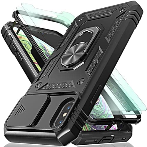 Image of HpulaCase for iphone X Case iphone XS Case with Camera Cover Slider, 2*Screen Protectors,Build in 360°Rotating Ring Kickstand, Military Grade Protective Case for iphone X/XS-Black